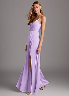 Azazie Calissa Bridesmaid Dresses Lilac A-Line V-Neck Pleated Stretch Satin Dress image4