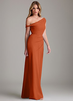 Azazie Emerson Bridesmaid Dresses Burnt Orange Sheath Off the Shoulder Chiffon Dress image5