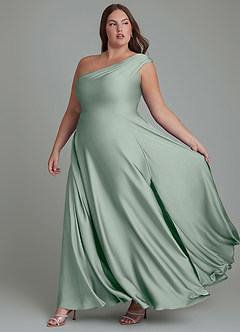 Azazie Melanie Robes de demoiselle d'honneur Robe Trapèze en Satin extensible Épaules dénudées Agave image10