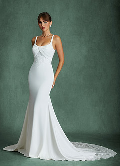 Azazie Gina Wedding Dresses Diamond White Champagne Mermaid Square Neckline Crepe Back Satin Dress image6