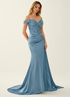 Helia Staubblau Off-Shoulder Korsett Gerafft Satin Meerjungfrau Kleid image3