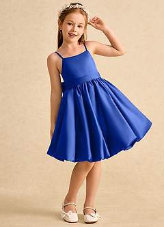 Azazie Davine Robe Demoiselle D'honneur Fillette Robe Trapèze en Mat Satiné Bretelle Spaghetti Bleu Roi image4