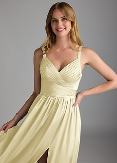 Azazie Chanel Final Sale Lemon Sorbet A-Line Pleated Stretch Satin Dress image3