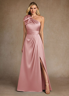 Azazie Easton 신부의 어머니 드레스 A라인 한쪽 어깨 스트레치 새틴 플로어 길이 드레스 image1