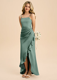 Azazie Buzzy Junior Eucalyptus Sheath Pleated Stretch Satin Dress image1