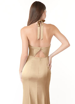 Azazie Emeria Robes de demoiselle d'honneur Robe Sirène en Satin extensible Plissée Champagne image3