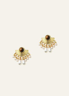 front Tiger Eye & Freshwater Pearl Fan Drop Earrings