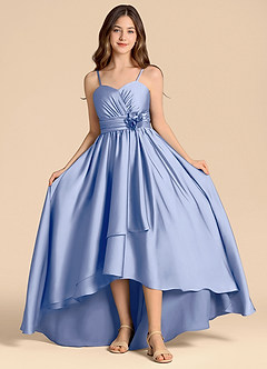 Azazie Catalina Junior A라인 스윗하트 네크라인 스트레치 새틴 비대칭 주니어 신부 들러리 드레스 image4