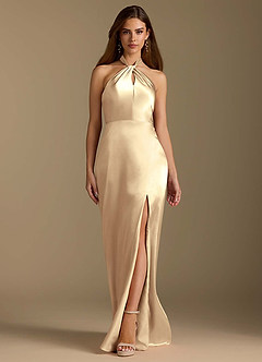 Azazie Tracie Bridesmaid Dresses Gold A-Line Pleated Metallic Satin Dress image6