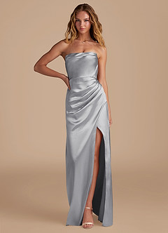 Azazie Leonis Vestidos de damas de honor Vestido de Plata de Satén Metálico de Corte Sirena Convertible con Plisado image1