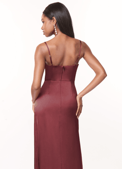 Azazie Maci Bridesmaid Dresses Merlot A-Line V-Neck Pleated Stretch Satin Dress image4