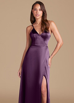Azazie Maksim Bridesmaid Dresses Plum A-Line Metallic Satin Dress image3