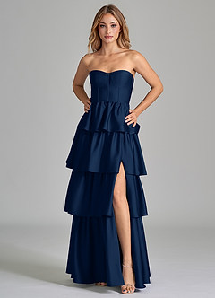 Azazie Faye Vestidos de damas de honor Vestido de Azul Marino Oscuro de Satén Elástico de Corte en A con Volante image5