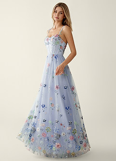 Irisqun Blue 3D Flowers Sequin Embroidery Beading Tulle Prom Dress image4