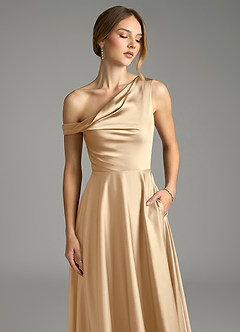 Azazie Xanthe Bridesmaid Dresses Champagne A-Line Off the Shoulder Stretch Satin Dress image5