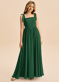 Azazie Delia Junior Abito A-Line in Chiffon Fiocco Verde Scuro image1