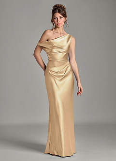 Azazie Emerson Bridesmaid Dresses Champagne Mermaid Off the Shoulder Metallic Satin Dress image1