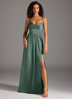 Azazie Zeya Bridesmaid Dresses Sea Moss A-Line Pleated Stretch Satin Dress image2