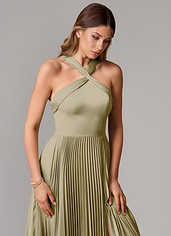 Azazie Afra Robes de demoiselle d'honneur Robe Trapèze en Satin extensible Plissée Vert Mousse image5