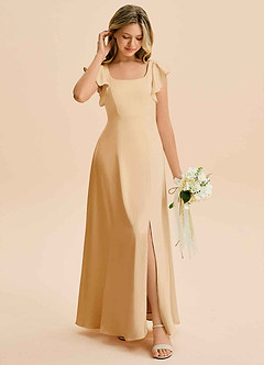 Azazie Bondi Junior Vestido de Oro de Satén Elástico de Corte en A con Corte Lateral image3