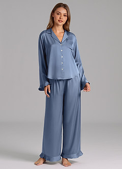 front Matching Color Ruffled Satin Long Sleeve Pajama Set