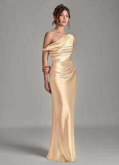 Azazie Emerson Vestidos de damas de honor Vestido Oro de Satén Metálico de Corte Sirena con Hombros descubiertos image5