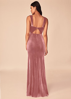 Azazie Lanessa Vestidos de damas de honor Vestido de Rosa Polvorienta de terciopelo de Corte Sirena con Cuello en V image2