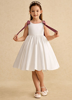 Azazie Stacie Flower Girl Dresses Ivory Amethyst A-Line Bow Matte Satin Dress image4
