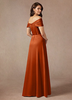 Azazie Amelia Vestidos para mãe da noiva Vestido Laranja Queimada de Cetim elástico de Linha A com Fora do ombro image2