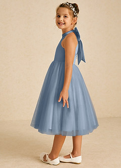 Azazie Dora vestidos de niña de las flores Vestido de Azul Polvoriento de Tul de Corte En A con Lazo image4
