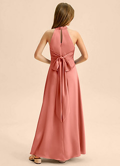 Azazie Beah Junior Salmon Pink A-Line Pleated Stretch Satin Dress image1