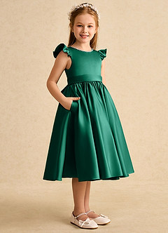 Azazie Dumpling Flower Girl Dresses Emerald A-Line Bow Matte Satin Dress image4