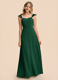 Azazie Mavie Junior Vestido Verde Oscuro de Satén Elástico de Corte en A con Drapeado image7