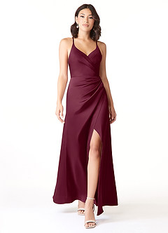 Azazie Geanna Brautjungfernkleider Etui V-Hals Gefaltet Stretch-Satin Kleid Maulbeerrot image1