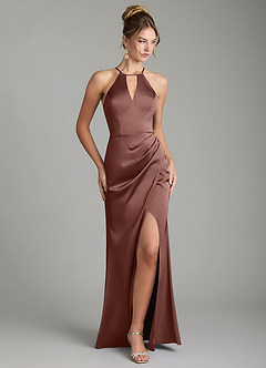 Azazie Aidyn Bridesmaid Dresses Espresso Sheath Pleated Stretch Satin Dress image1