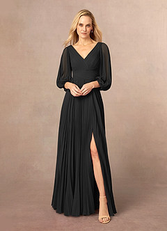 Azazie Zahara Mère de la mariée Robes Robe Trapèze en Mousseline de soie Col V plissé Noir image2