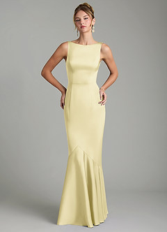Azazie Tamera Bridesmaid Dresses Lemon Sorbet Mermaid Pleated Stretch Satin Dress image3