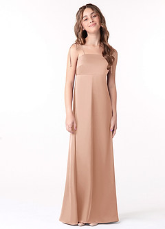 Azazie Violeta Junior Rose Gold A-Line Bow Stretch Satin Dress image1
