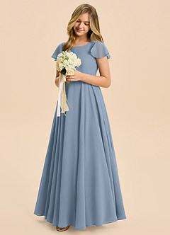 Azazie Cady Junior Vestido de Azul Polvoriento de Gasa de Corte en A con Plisado image4