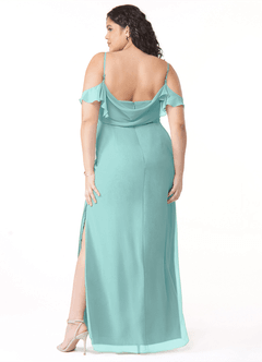 Azazie Emeralda Bridesmaid Dresses Aqua Sheath Off the Shoulder Chiffon Dress image8