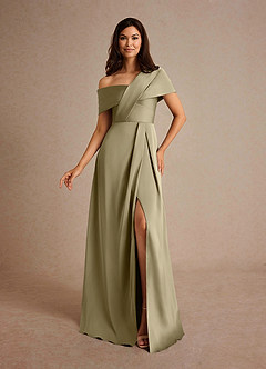 Azazie Milton Mother of the Bride Dresses Moss Green A-Line Pleated Stretch Satin Dress image1