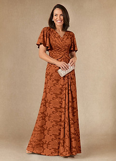 Azazie Emmeline Mother of the Bride Dresses Burnt Orange A-Line Pleated Floral Burnout Dress image1