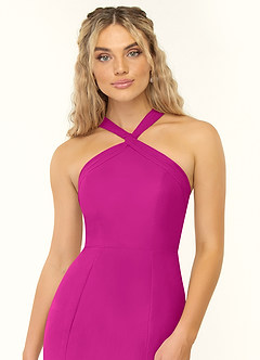 Azazie Rue Vestidos de damas de honor Vestido de Fucsia de Gasa de Corte en A con Halter image6