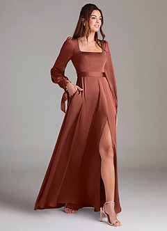 Azazie Leonia Bridesmaid Dresses Auburn A-Line Long Sleeve Stretch Satin Dress image4