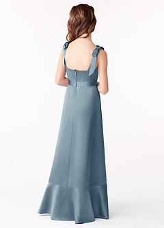 Azazie Barbara Junior Dusty Blue A-Line Bow Stretch Satin Dress image3