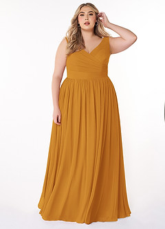 Azazie Keyla Bridesmaid Dresses Butterscotch A-Line V-Neck Pleated Chiffon Dress image6