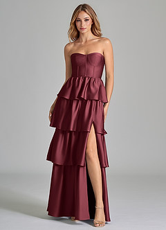 Azazie Faye Bridesmaid Dresses Merlot A-Line Ruched Stretch Satin Dress image4