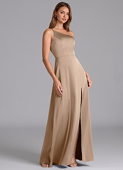 Azazie Trina Bridesmaid Dresses Taupe A-Line One Shoulder Stretch Satin Dress image4