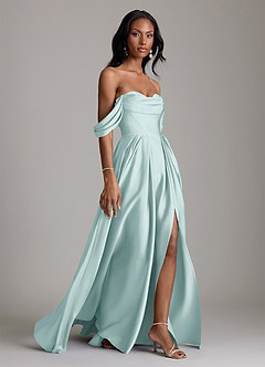 Azazie Loisa Abiti da Damigella Abito A-Line in Raso Elasticizzato a Spalla Scoperta Nebbia image12