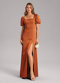 Azazie Fyona Bridesmaid Dresses Cinnamon A-Line Pleated Stretch Satin Dress image3